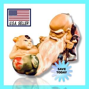 Vintage Chinese Dynasty God of Longevity w Boy Tong Zi Figurine Porcelain Mudman